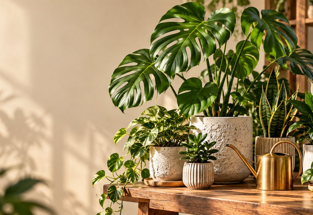 Monstera, pothos y suculentas en maceteros de cerámica texturada sobre una mesa de madera, junto a una regadera dorada